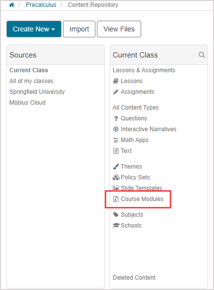 Course Modules is the twelfth option in the Current Class pane.